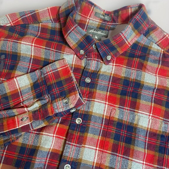 Eddie Bauer Mens TXL tall XL Red Plaid Long Sleeve Button Up FLANNEL Shirt - Picture 1 of 6